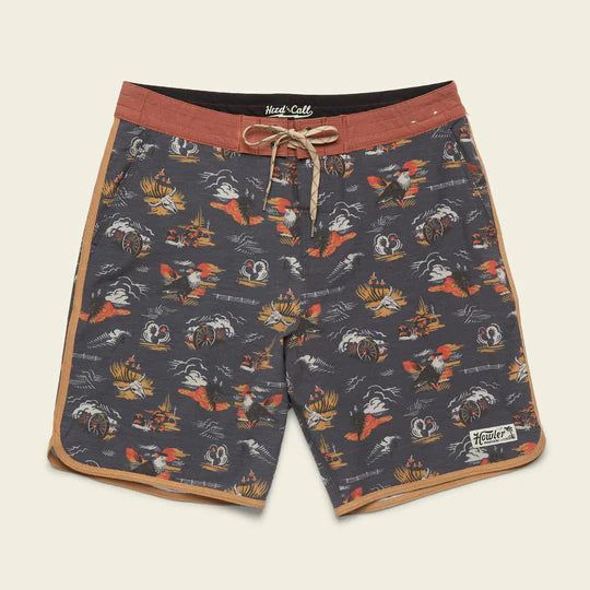 Men's swim shorts with grey background, image of cowskull, canyon, wagon wheel, and cacti all over 