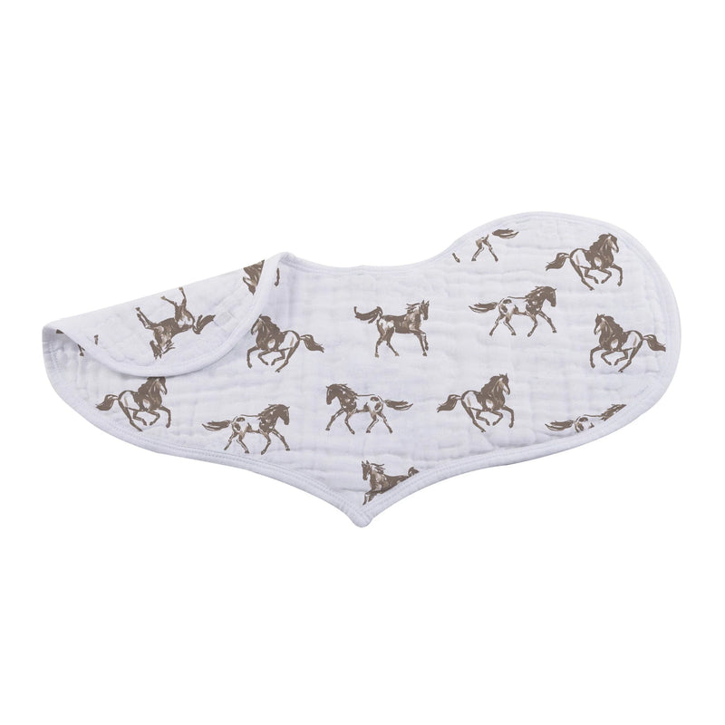 Set of two burp cloths. One white with mustangs throughout and the other with white background with longhorns all over and cow print on the opposite side