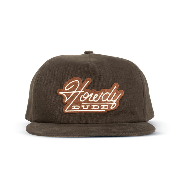 Brown snap back cap with brown and white patch that says "Howdy Dude"