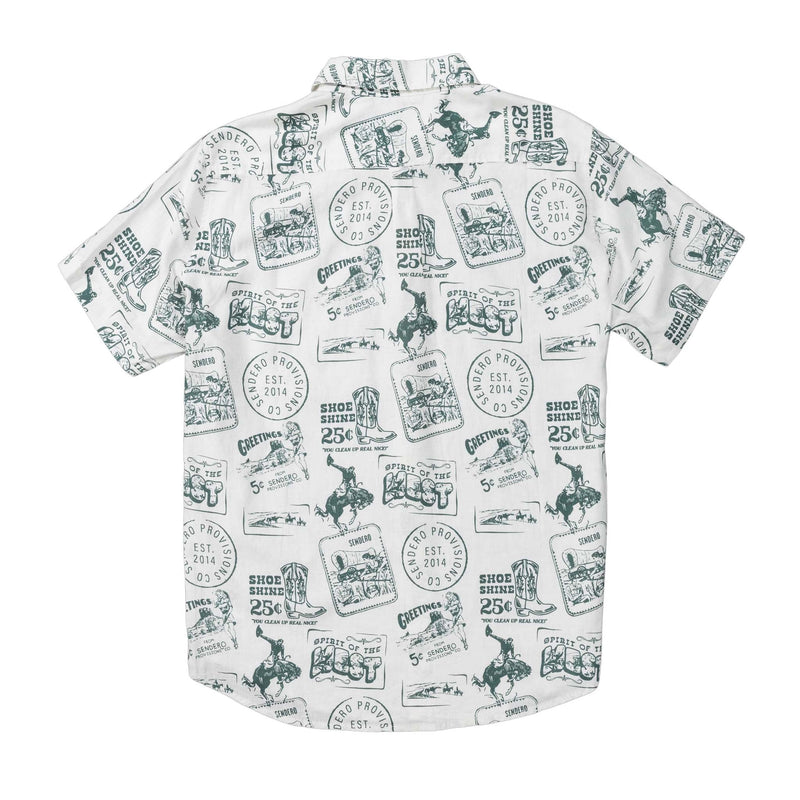White short sleeve shirt with green icons of western postcard symbols all throughout the design of the shirt