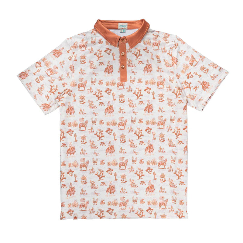Men's polo with orange collar, and graphics of horse, skull cacti and desert all over
