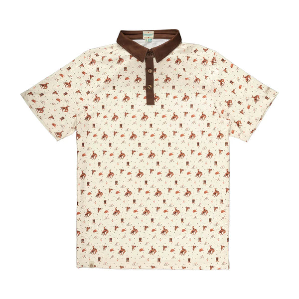 Cowboy riding a bronc pattern polo with brown collar