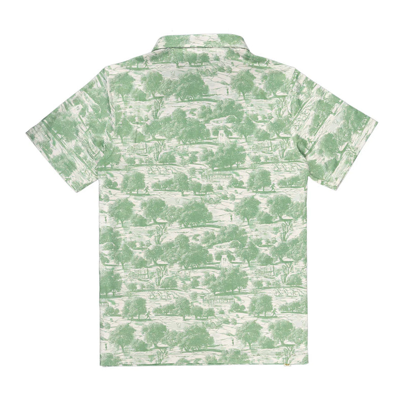 Green and white polo with scenery all over