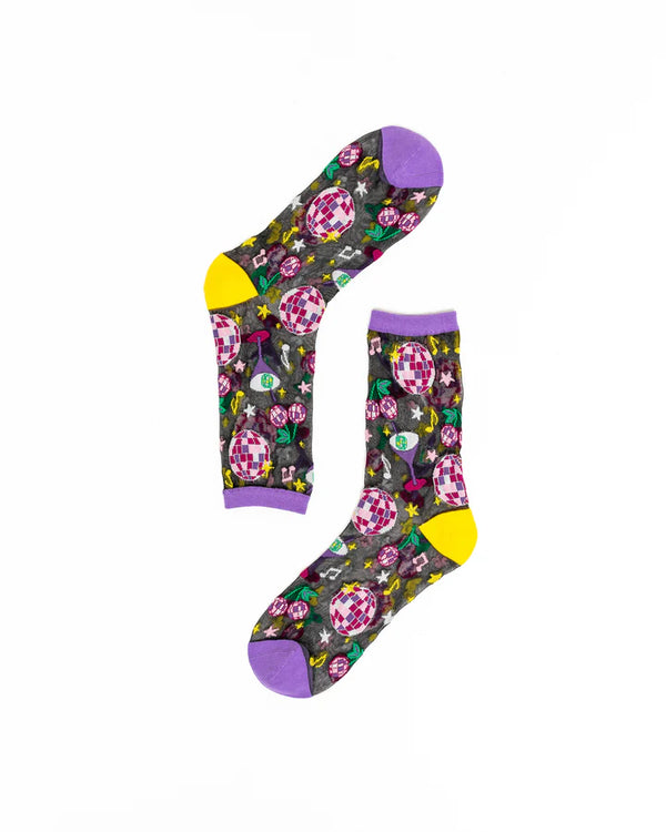 Fashion sock with sheer background, disco balls, music notes, cherries, and stars