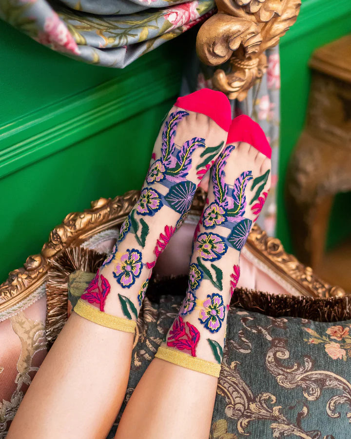 Fashion sock with sheer fabric and flower embroidery with leaves