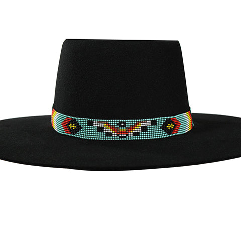 Stretchy hatband with a colorful arrow and square beaded pattern that runs the length of the hatband.