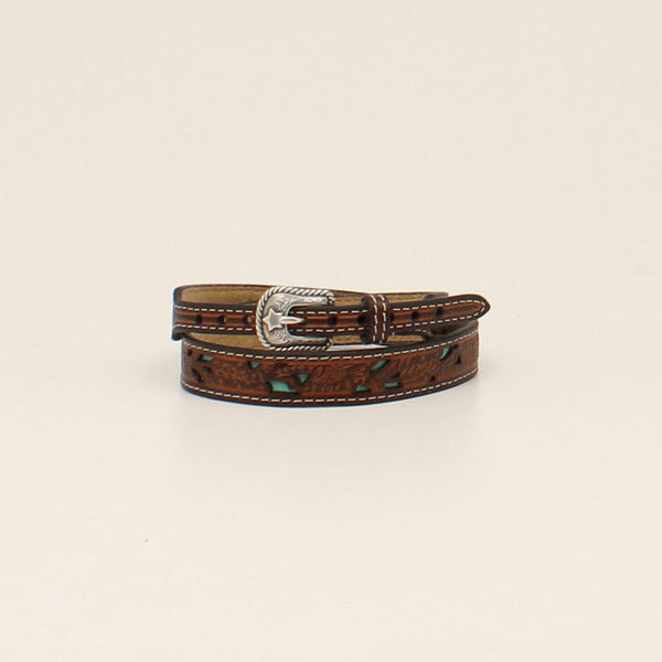 Brown leather tooled hat band with turquoise underlay and silver buckle with star