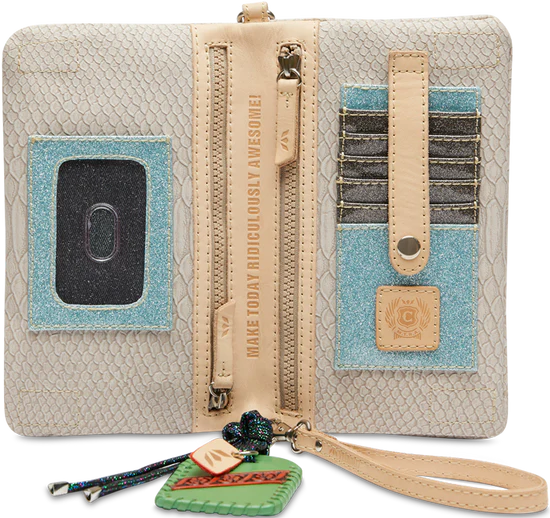 Wallet purse with three zipper compartments, six card holder slots, and an included wristlet strap