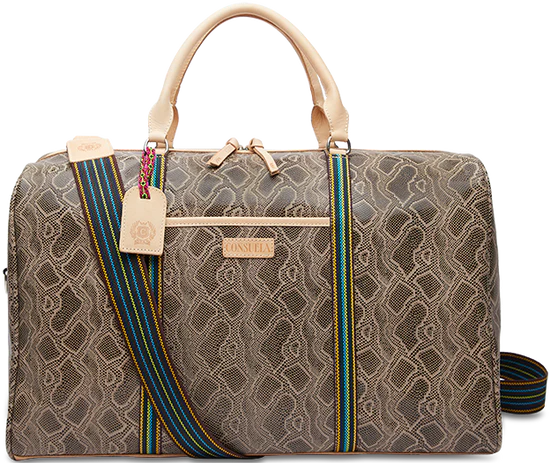 SNAKE PRINT WEEKENDER LUGGAGE BAG WITH TAN LEATHER HANDLE AND ACCENTS WITH MULTICOLOR CROSSBODY STRAP