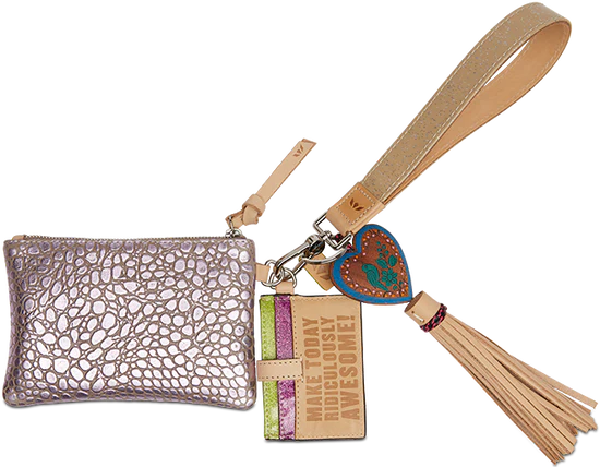 Silver animal skin wallet with heart charm and tassel attached and card holder attached with wristlet