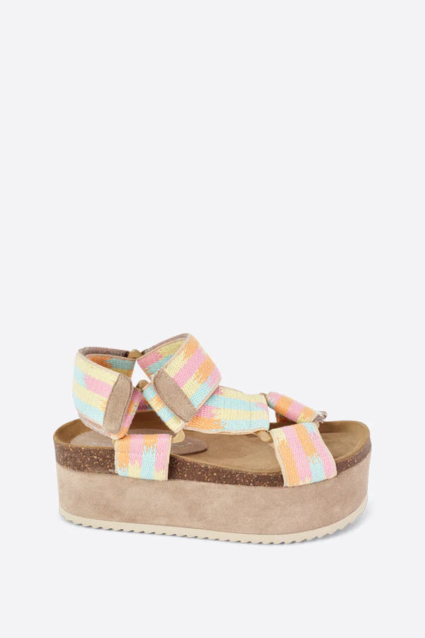 Platform strappy thick sandal in a pink, orange, blue and yellow colorway