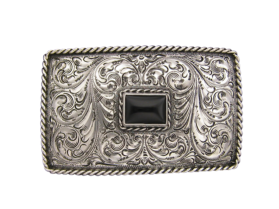 Sterling Silver Shape I Rectangle Buckle with roped onyx and rope edge, antique finish