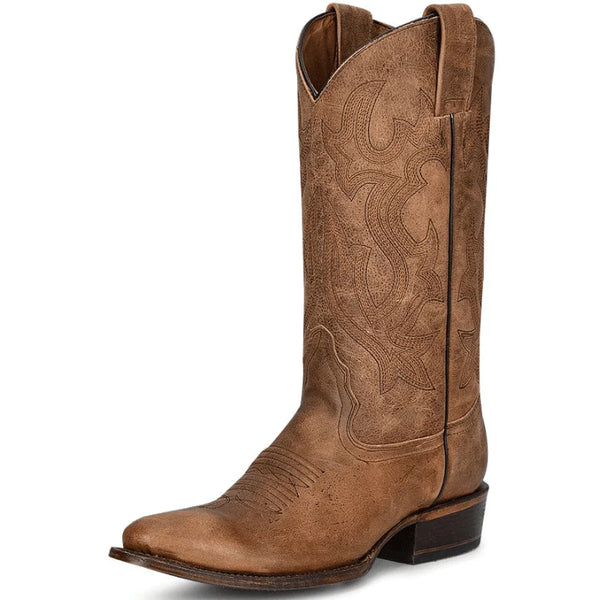Men's cowboy boot with tan shaft and vamp, round toe, and goodyear welt with pull tabs on both sides