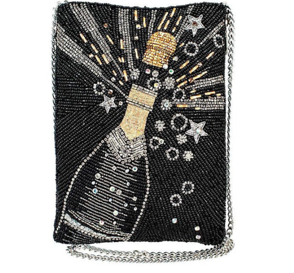 Small beaded handbag with black beaded background and beaded bottle of Champagne, it creates the illusion of a popping bottle with rays, stars, and bubbles bursting forth