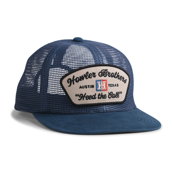 Blue mesh cap with cream and black patch that says "Howler Brothers Austin, Texas Heed The Call" on the front