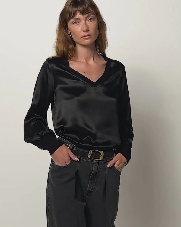 Satin black longs sleeve top with monochromatic collar and cuffs