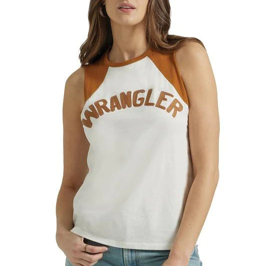 Woman wearing sleeveless baseball tee with script "wrangler" in an arch on the front of the shirt