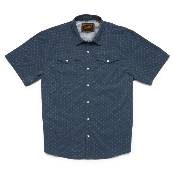 Navy button down short sleeve shirt with white dots