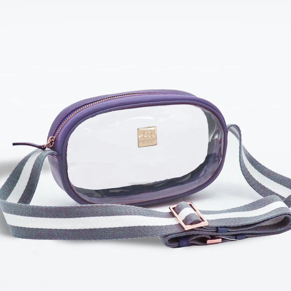 CLEAR HANDBAG WITH PURPLE BOARDER AND A GREY AND WHITE STRIPED STRAP