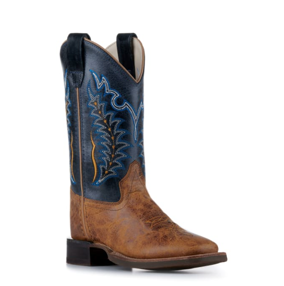 Old West Youth Burnt Tan and Navy Blue Wide Square Toe Cowboy Boots