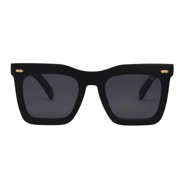 Black frame sunglasses with smoke lenses