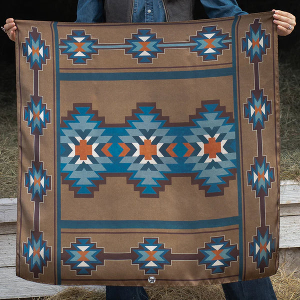Wild rag with Aztec print in brown and blue hues