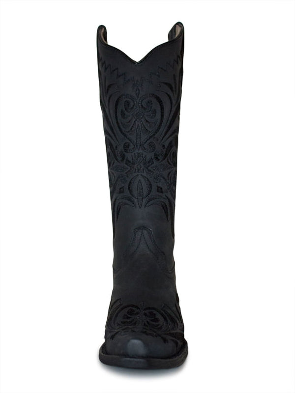 Black leather cowboy boots with black embroidery