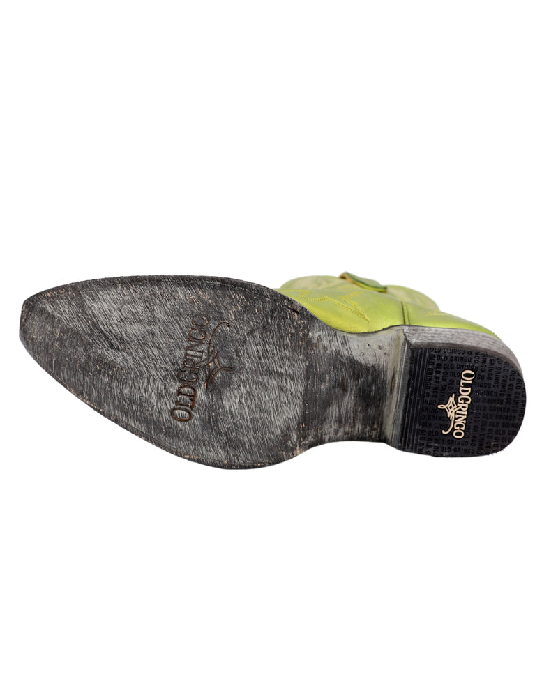 OLD GRINGO WOMEN'S NEVADA LIME GREEN BOOT, grey leather undersole with log engraving