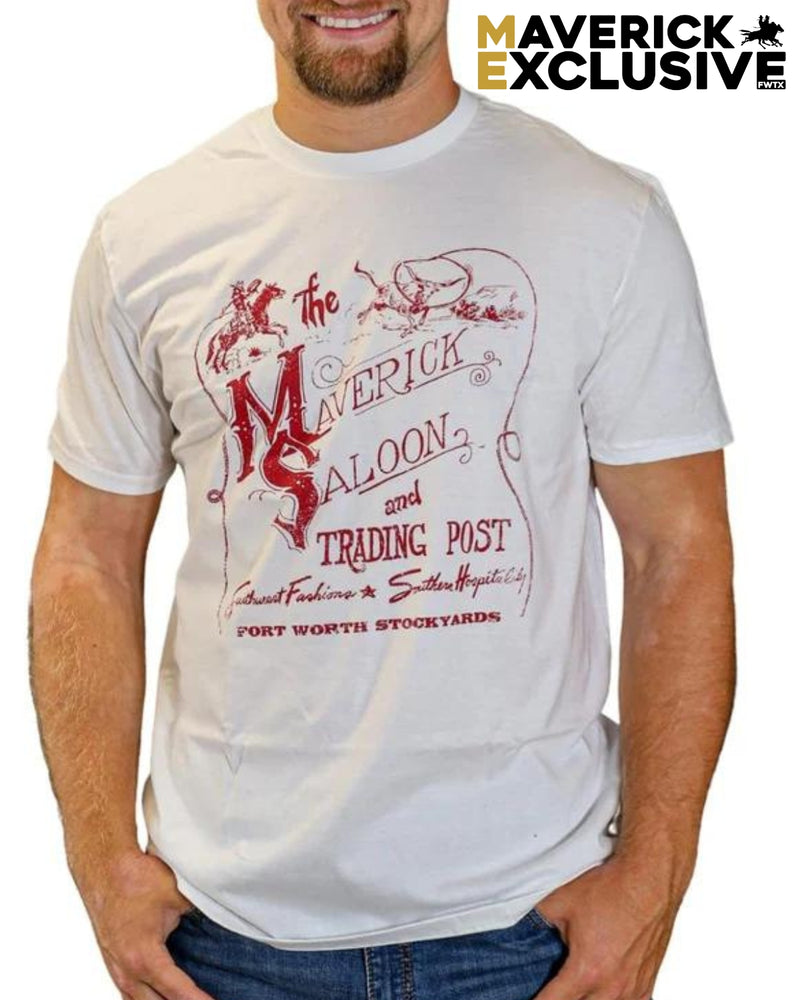 MAVERICK SALOON TEE White with Red print worn by a man printed with "The Maverick Saloon and trading post . Southwest Fashion and Southern Hospitality at Worth Stockyards"