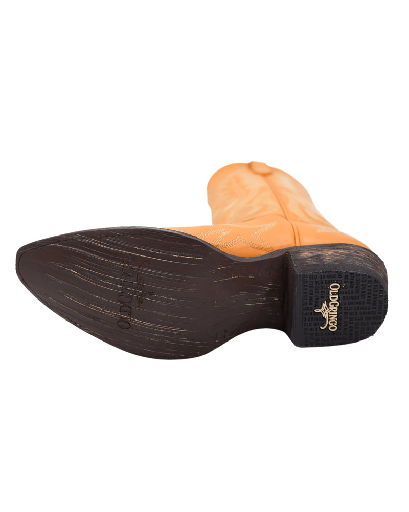 OLD GRINGO WOMEN'S NEVADA TANGERINE BOOT, with pre-scraped leather outsole for traction with a rubber heel cap