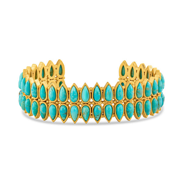 gold bracelet with turquoise teardrops in two rows