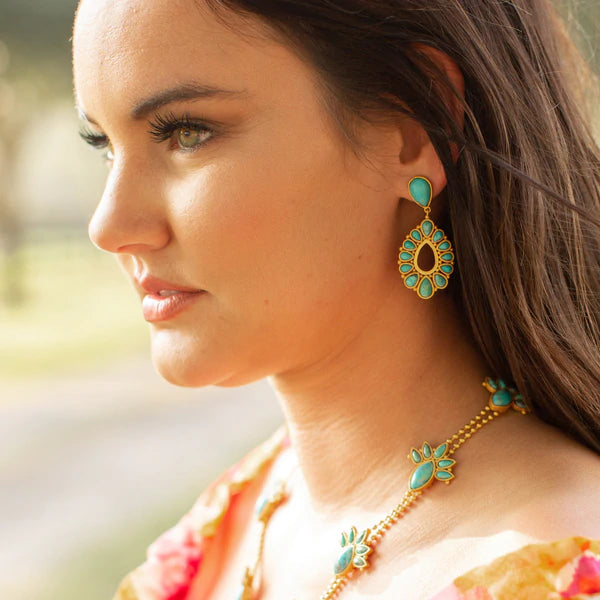Turquoise tear drop stud with turquoise hollow oval gold earrings