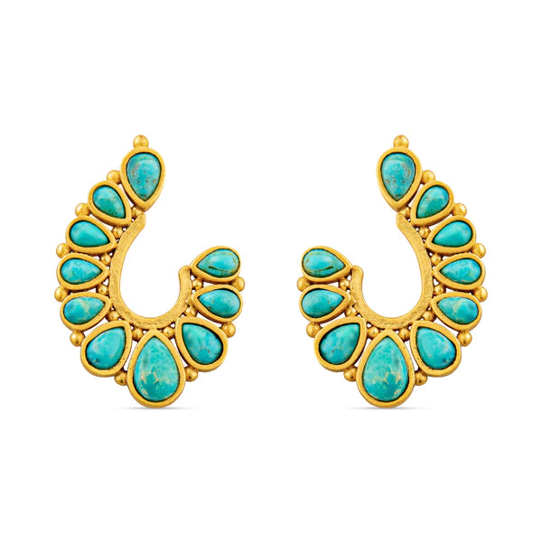 Half oval gold earrings with turquoise tear drops