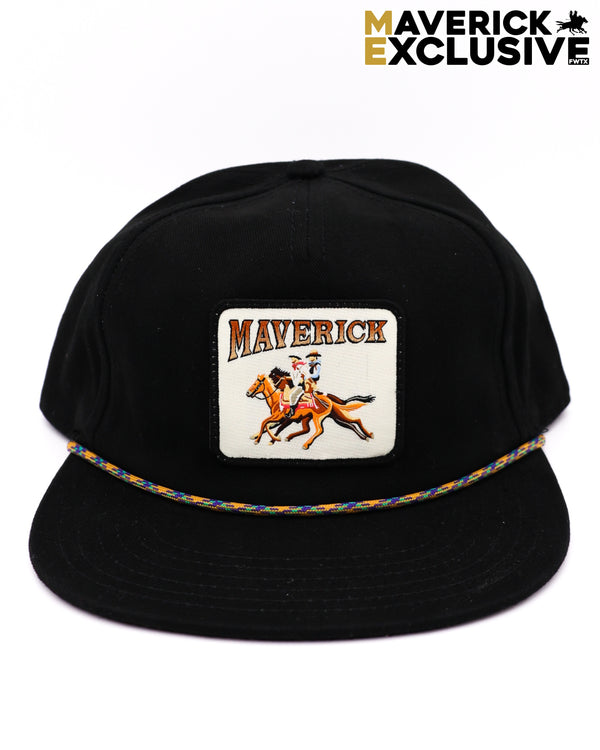 MAVERICK FANCY ROPE CAP center design square with a pair of horse and rider and the name Maverick on top