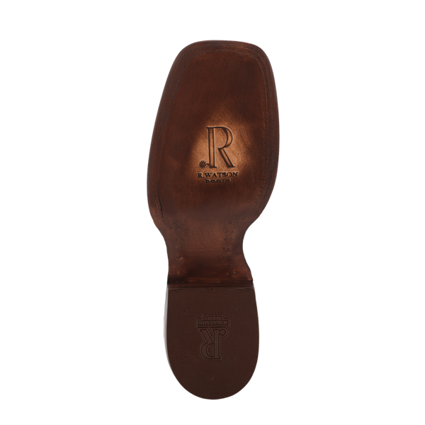 R. WATSON MEN'S CAIMAN TAIL BLACK BOOT, dark leather underside sole with R. Watson Boots logo stamp 