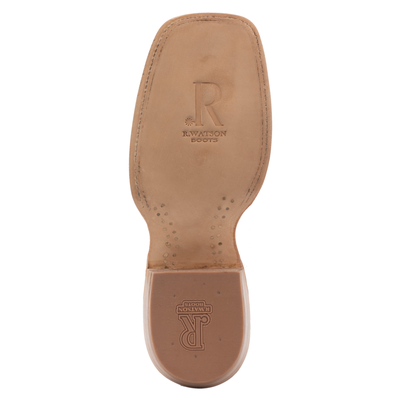 R. WATSON MEN'S ROUGHOUT RHUBARB BOOT, underside sole view with R. Watson Boots logo stamp