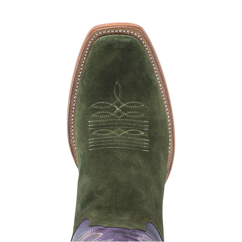 R. WATSON MEN'S ROUGHOUT FOREST GREEN BOOT, front leather detail