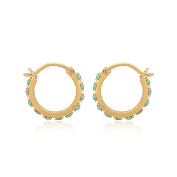 tiny gold hoops with turquoise dots all over