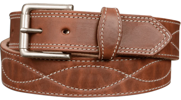 Brown leather belt with white figure 8 stitching on it