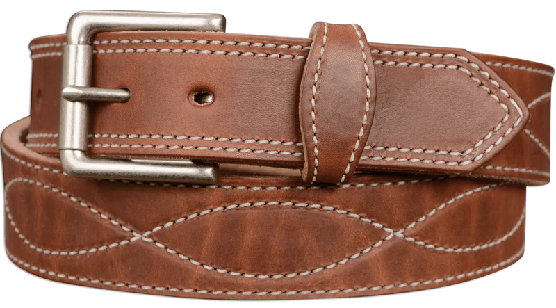Brown leather belt with white figure 8 stitching on it