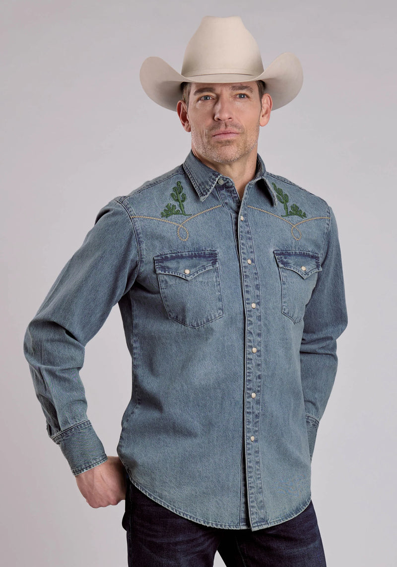 green emerald velvet dress Roper Men's Denim Embroidered Old West Shirt