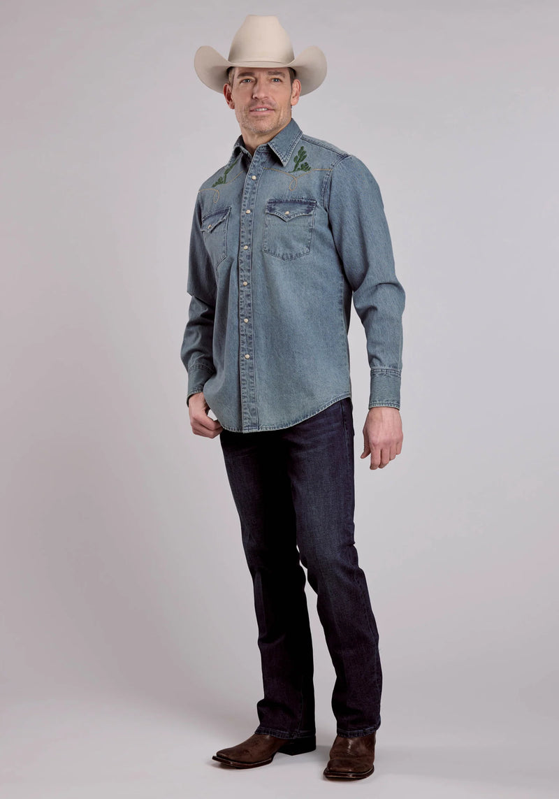 ROPER LONG SLEEVE SNAP MED WASH DENIM SHIRT W/ BRONC RIDER EMBROIDERED –  Maverick Fine Western Wear