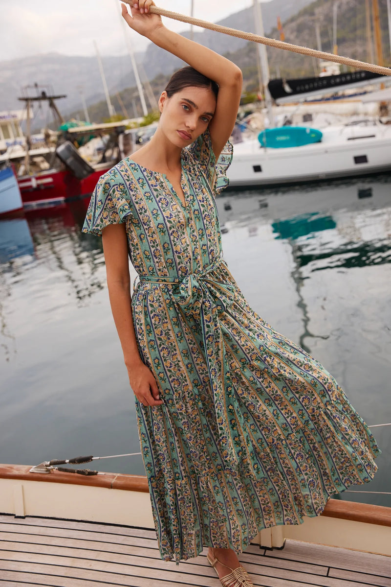 V-Neck Tiered Maxi Dress, Taj Aqua, Large