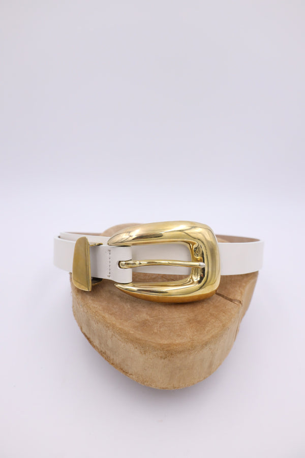 White leather belt with gold hardware and buckle