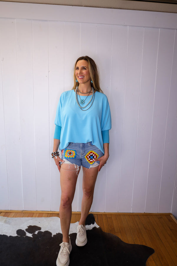 IVY JANE DOLMAN SLEEVE V-NECK RIB TOP- AQUA