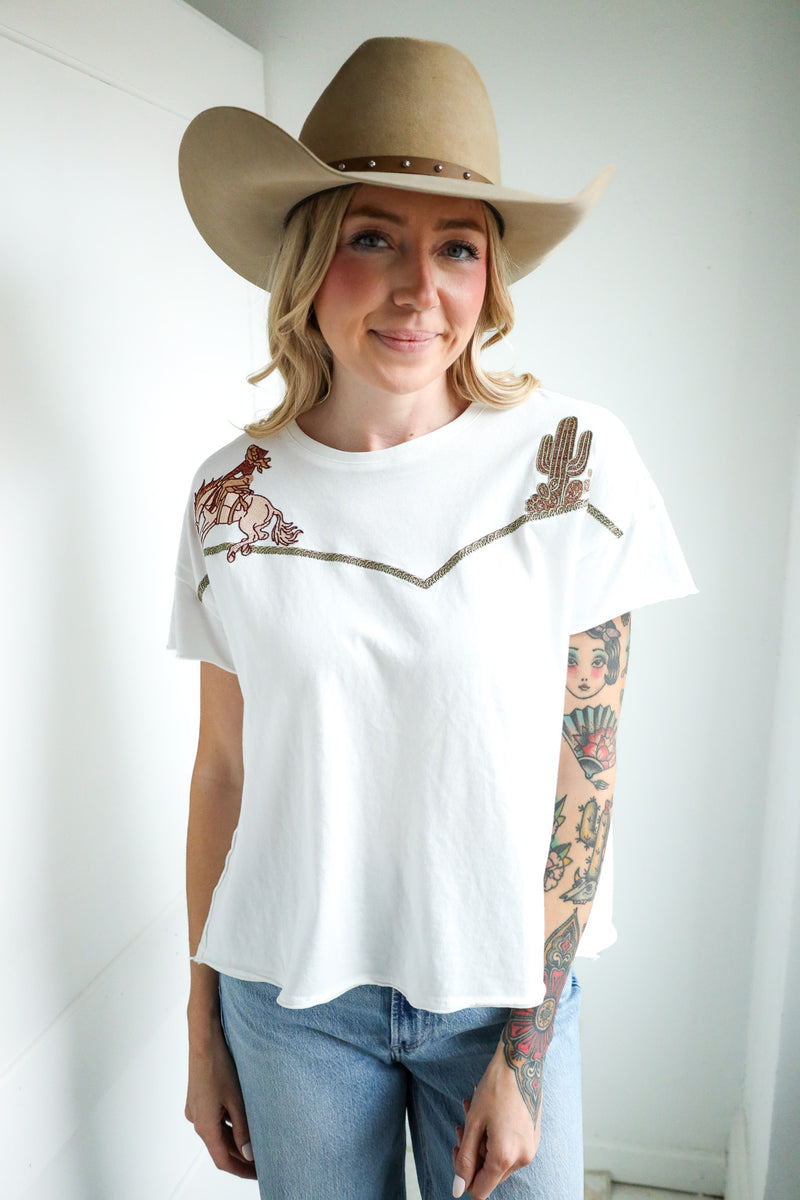 Blue B Embroidered Shoulder Western Tee 