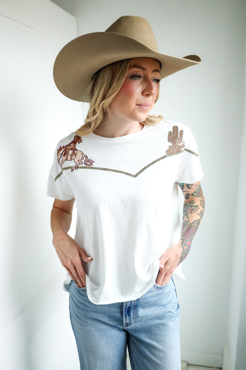 Blue B Embroidered Shoulder Western Tee 
