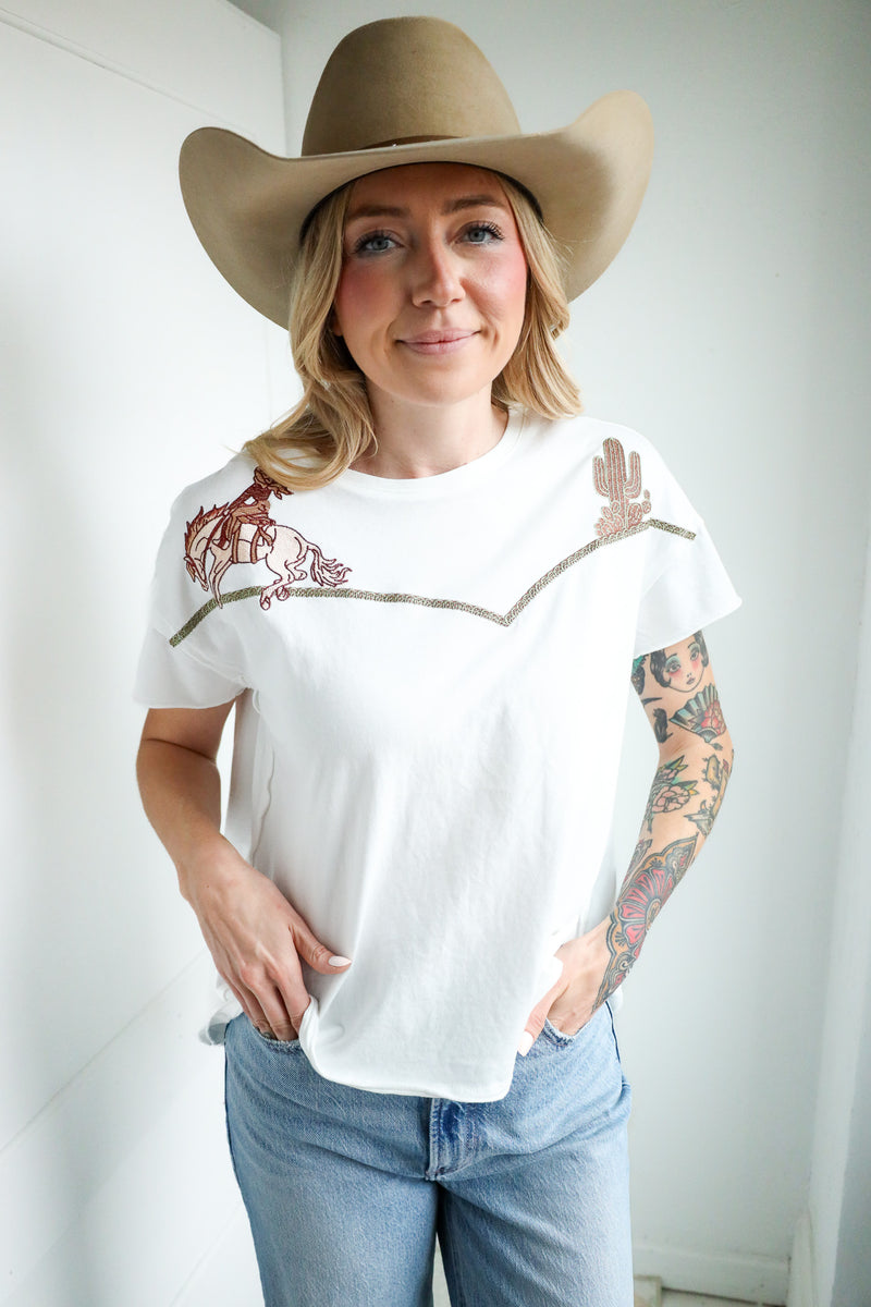 Blue B Embroidered Shoulder Western Tee 