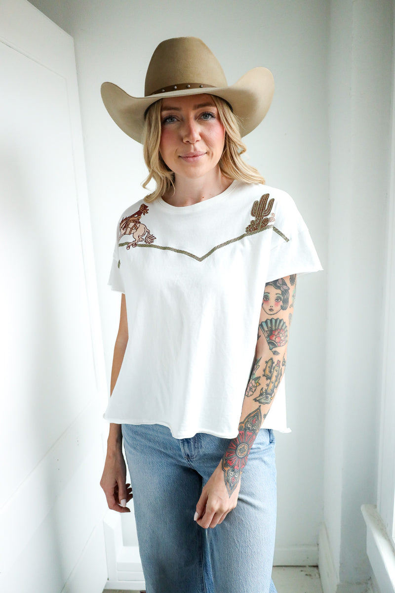 Blue B Embroidered Shoulder Western Tee 