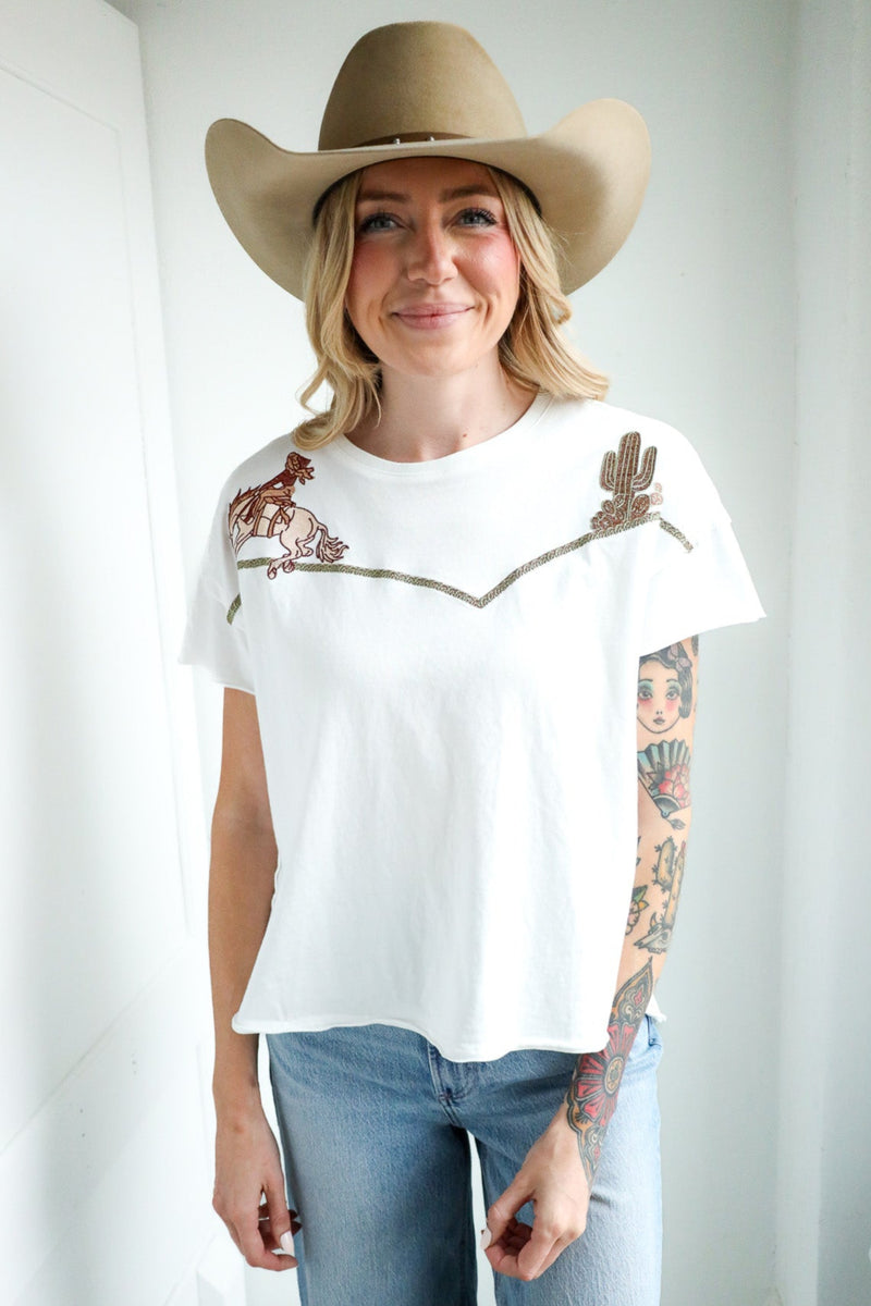 Blue B Embroidered Shoulder Western Tee 